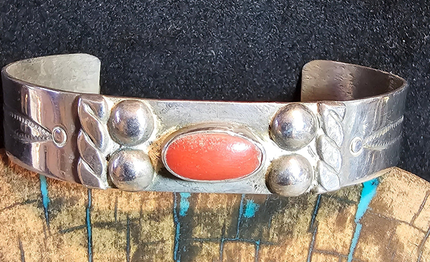 Red Coral and Sterling Silver Cuff Navajo