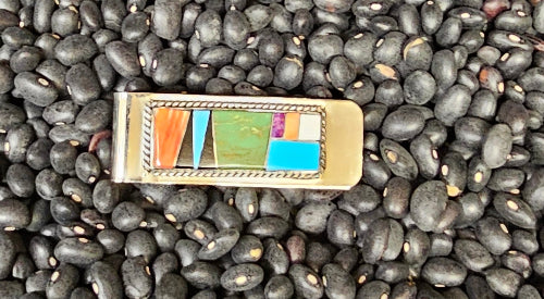 Native American Money Clip Signed Arnold Yazzie Navajo Sterling Silver Multi Stone