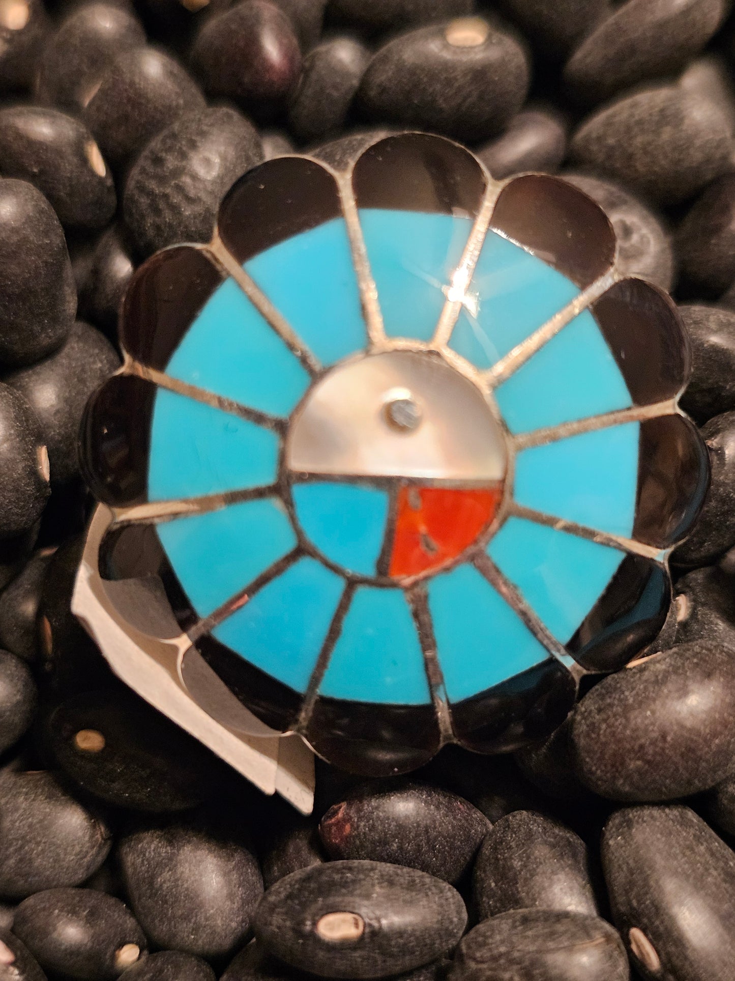 Denise Shiraz Zuni Sunface Ring Turquoise Coral Onyx Mother of Pearl Sterling Sz 6
