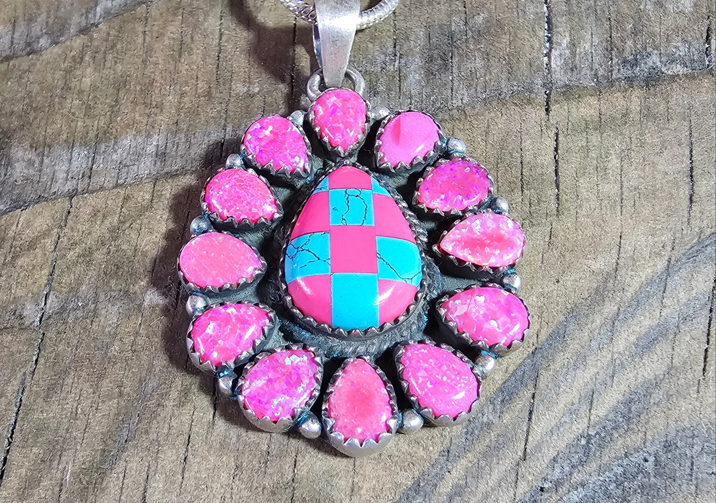 Pink Opal with Turquoise Pendant Sterling Silver Necklace