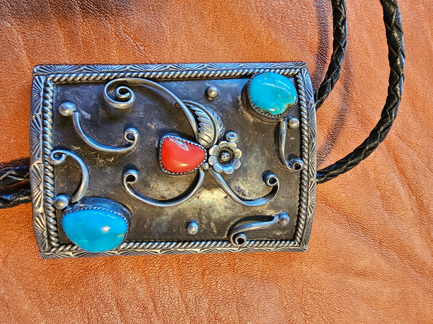 Vintage Bolo Tie Navajo Stamped Irene Platero Sterling Silver Turquoise Red Coral