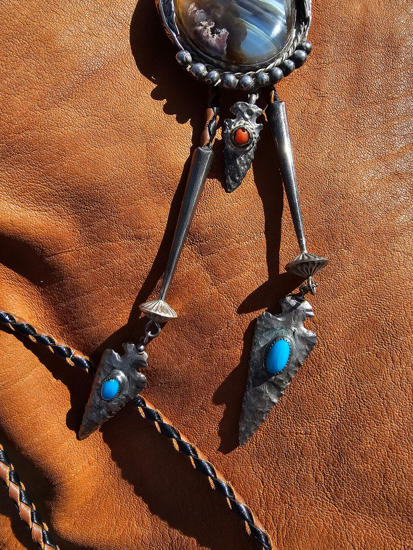 Vintage Agate Bolo Tie James Shay Navajo Sterling Silver Turquoise Red Coral