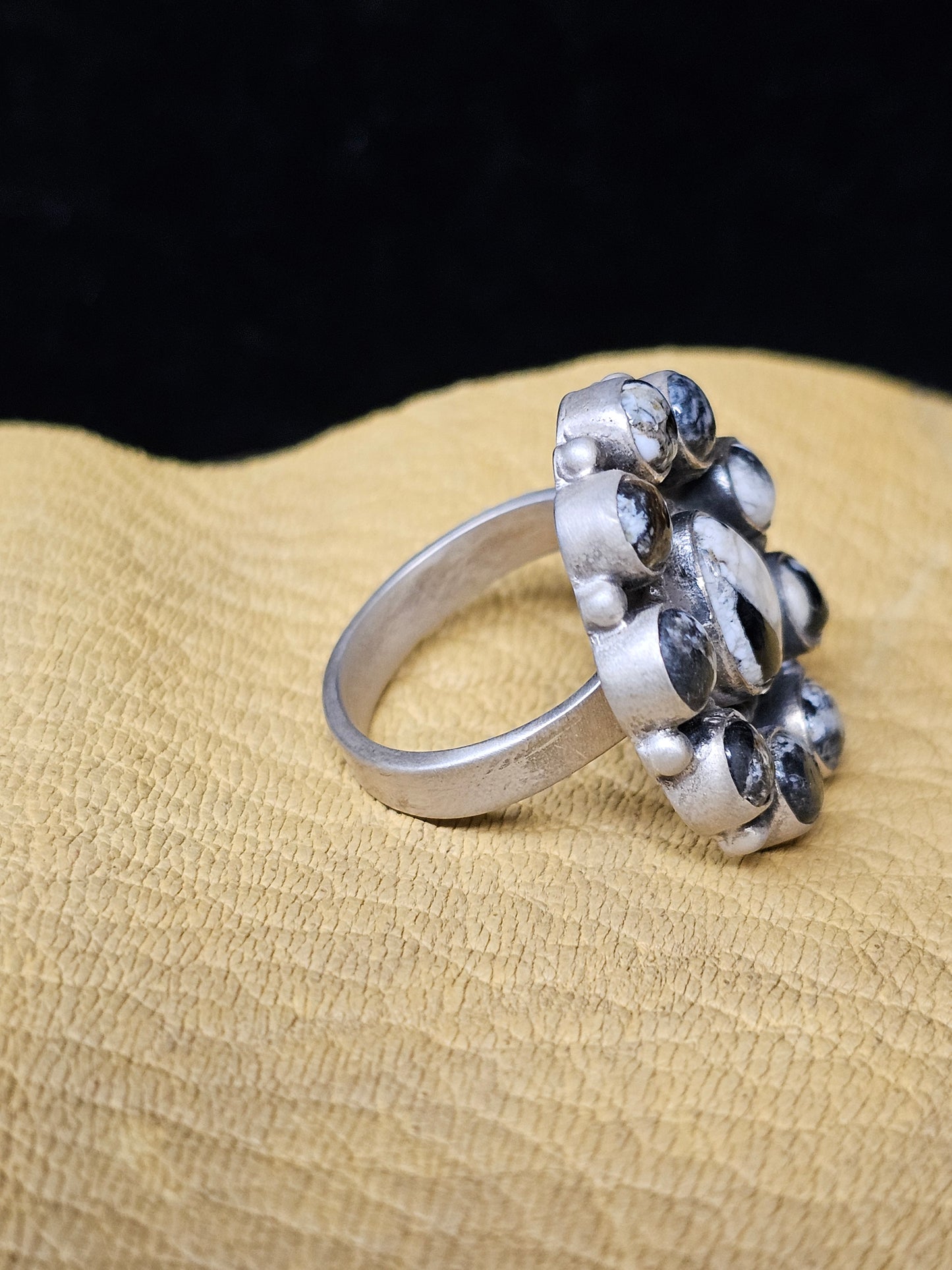 White Buffalo Ring 10 Stones Brushed Sterling Silver Adjustable Round Teardrop