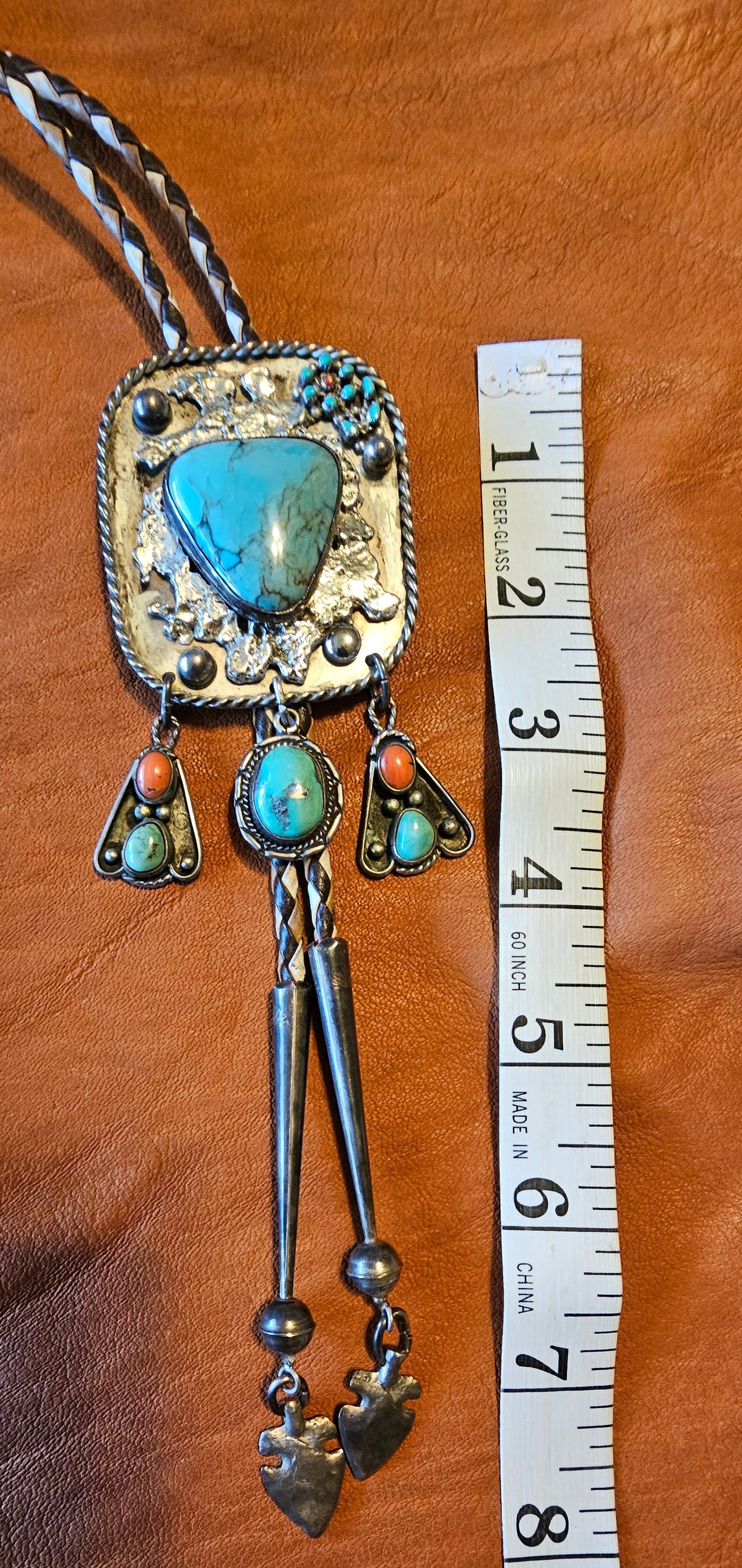 Smokey Kingman Bolo Tie Sterling Silver Red Coral Molten Lava-Silver Applique Stamped "G" RARE