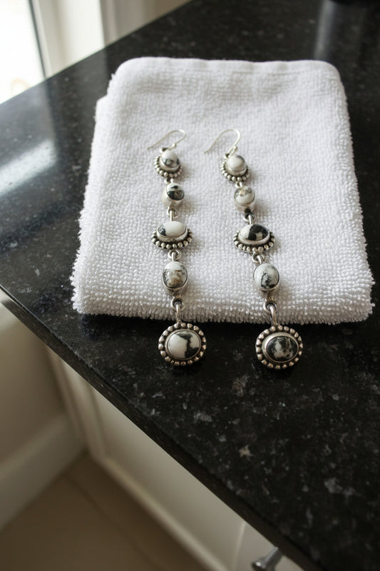 White Buffalo Dangle Earrings Sterling Silver Southwestern 3" long