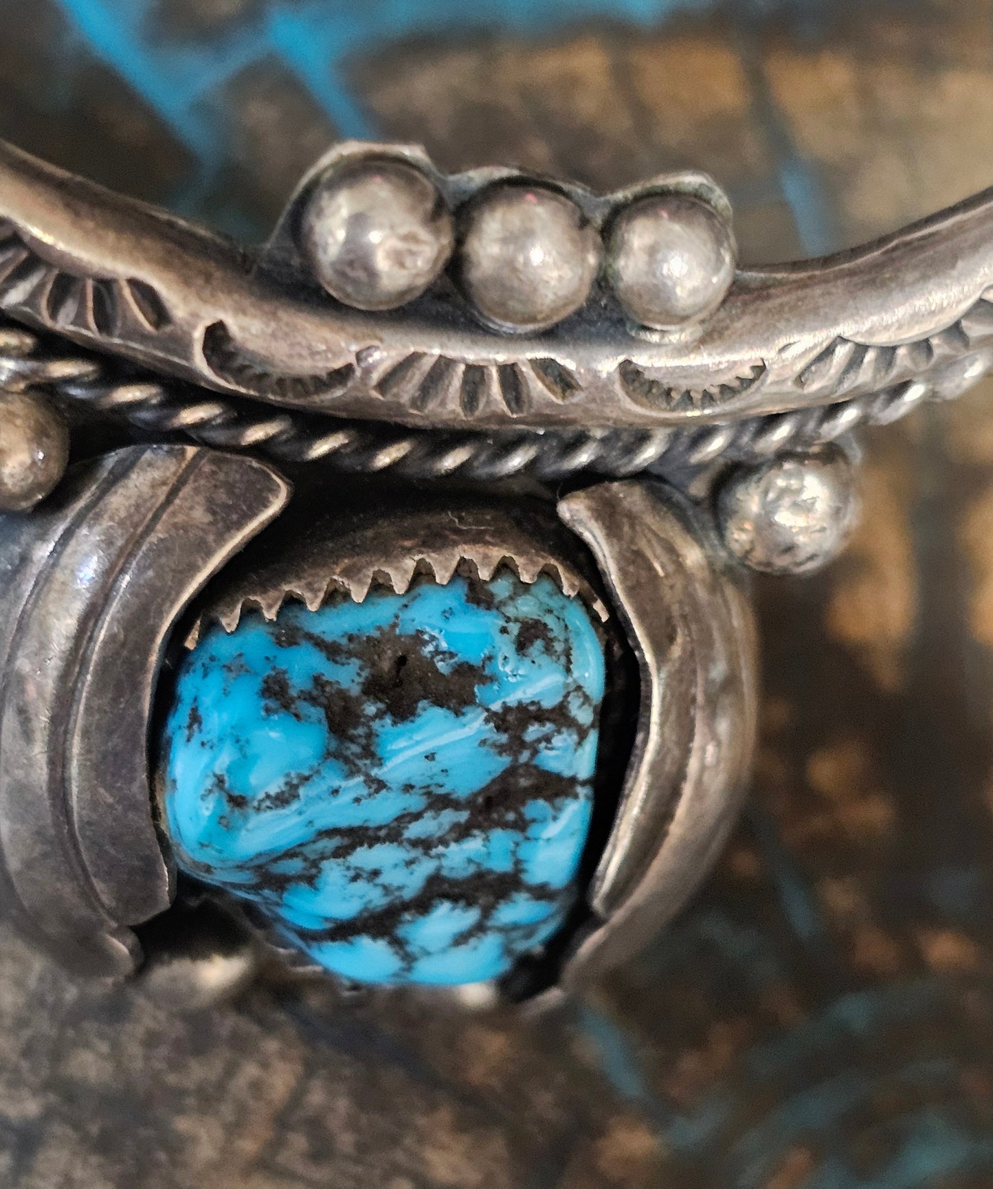 Vintage Navajo Cuff Sterling Silver & Turquoise Trading Post Mark