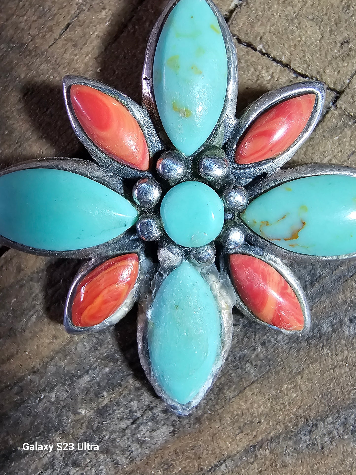 Vintage Floral Pendant Sterling Silver Orange Spiny Oyster Kingman