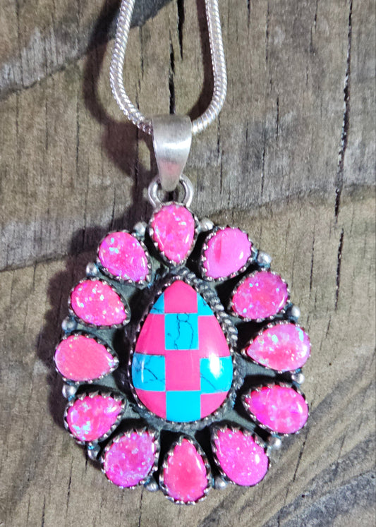 Pink Opal with Turquoise Pendant Sterling Silver Necklace