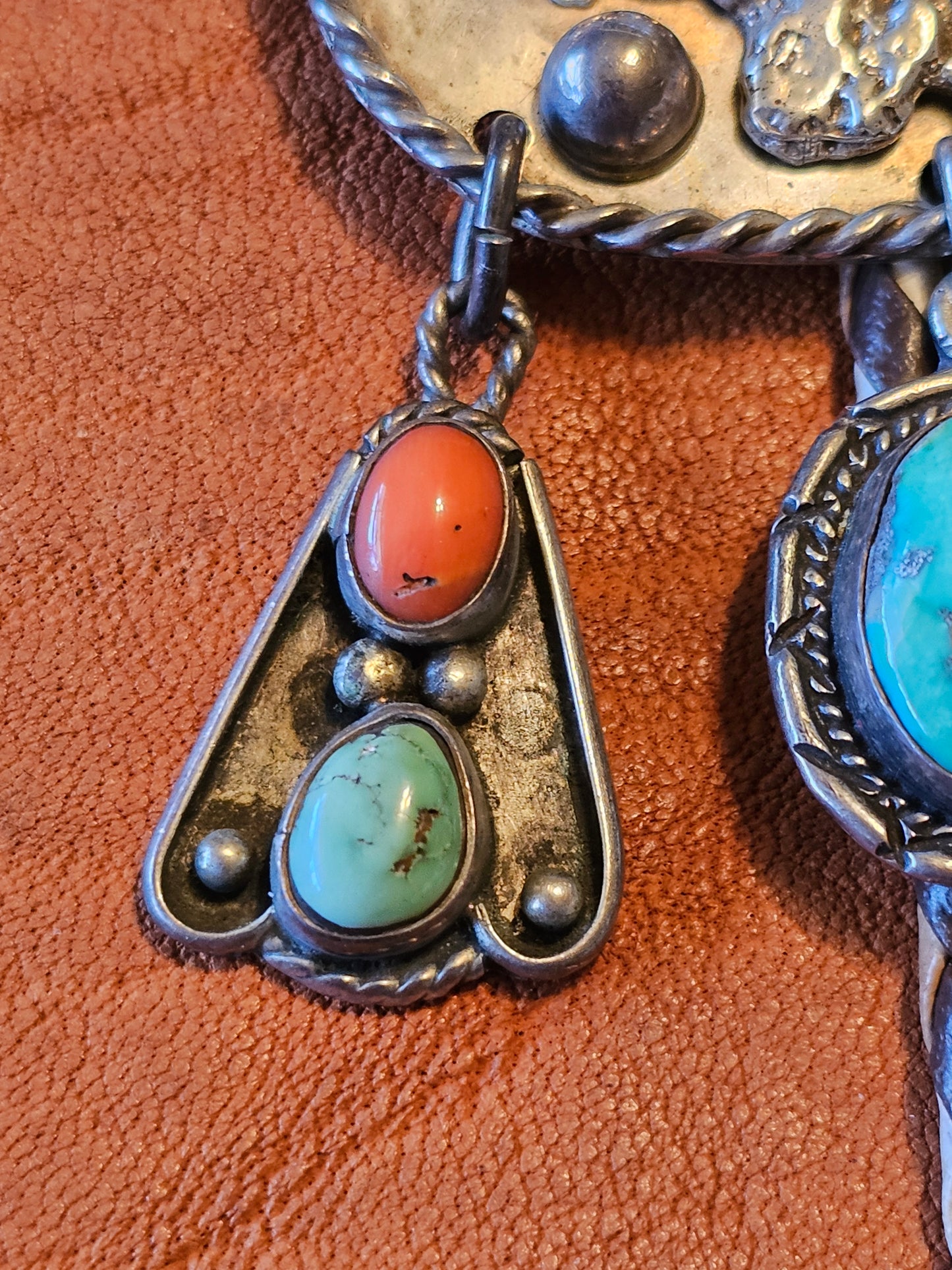 Smokey Kingman Bolo Tie Sterling Silver Red Coral Molten Lava-Silver Applique Stamped "G" RARE