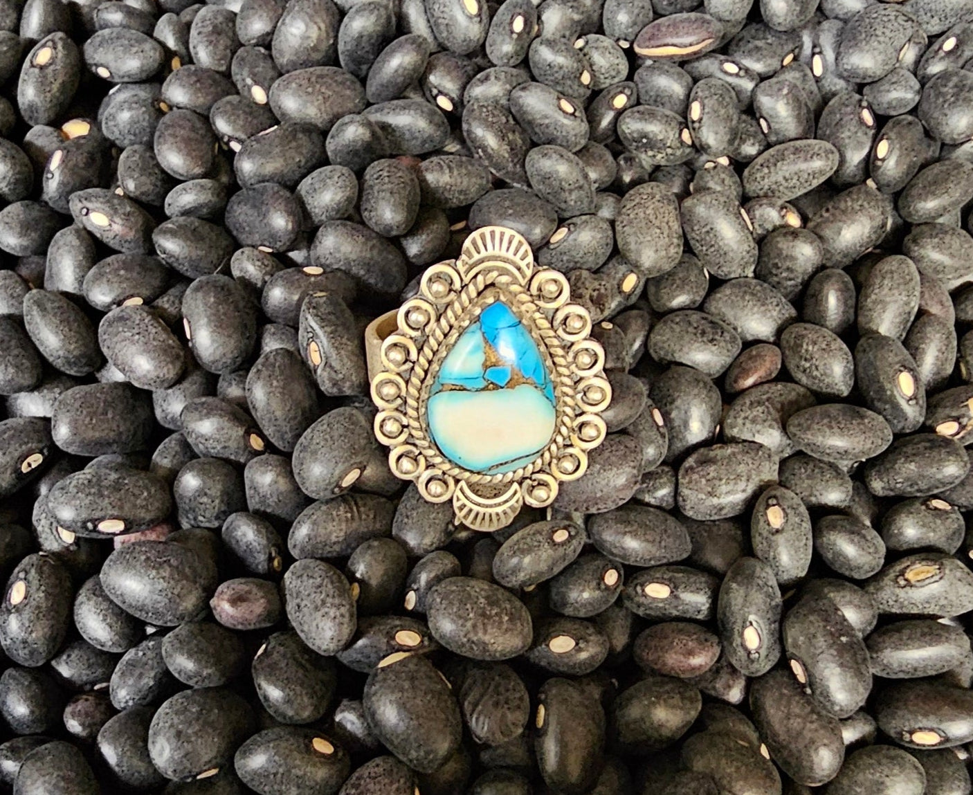 Ice Blue Dahlia Brushed Sterling Silver Ring Southwestern Adjustable