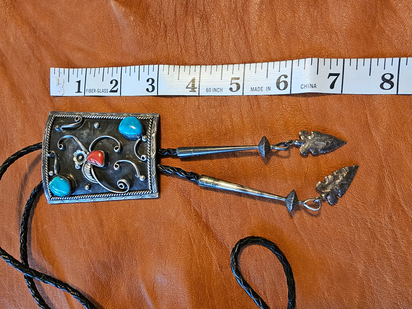 Vintage Bolo Tie Navajo Stamped Irene Platero Sterling Silver Turquoise Red Coral