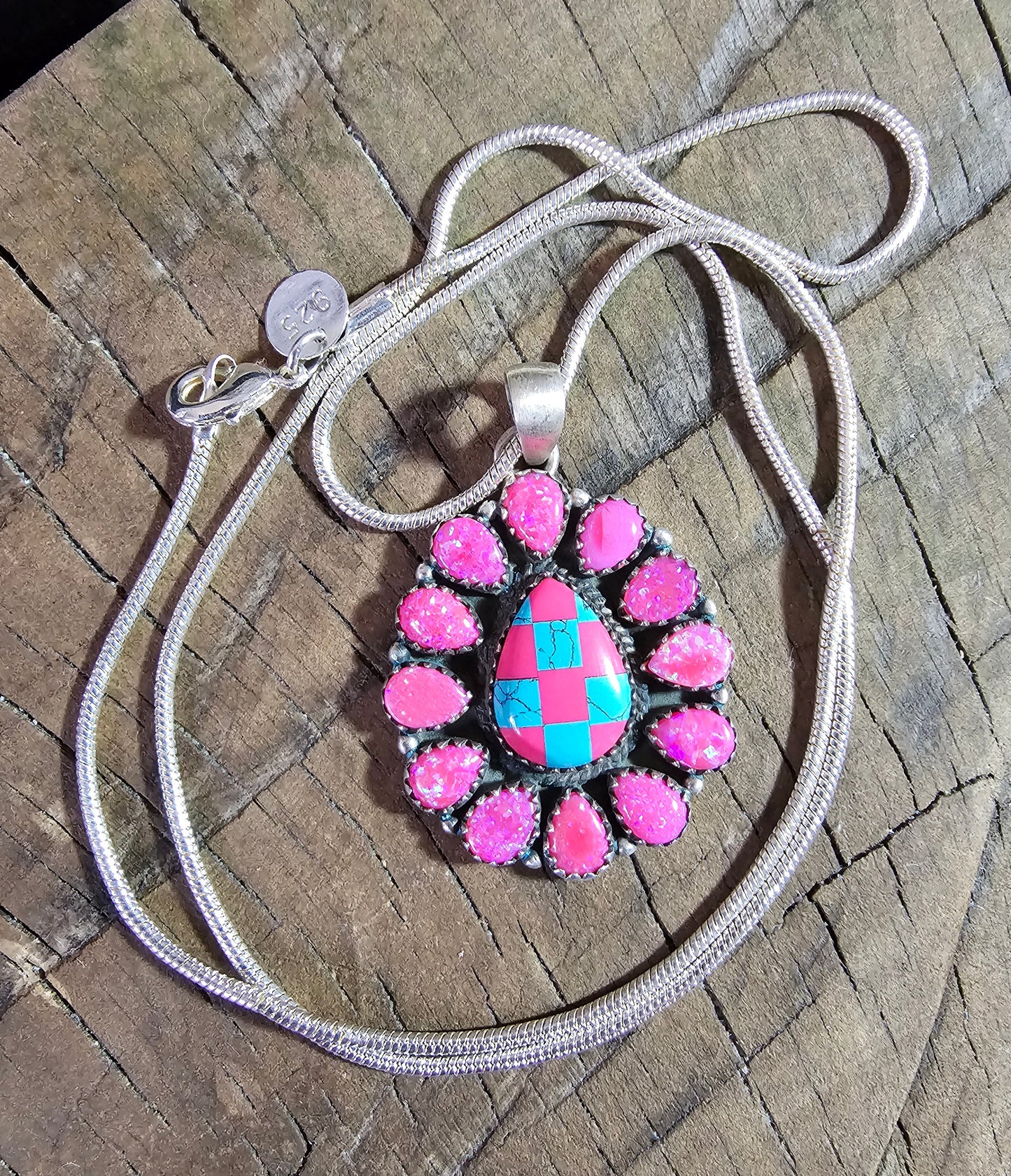 Pink Opal with Turquoise Pendant Sterling Silver Necklace