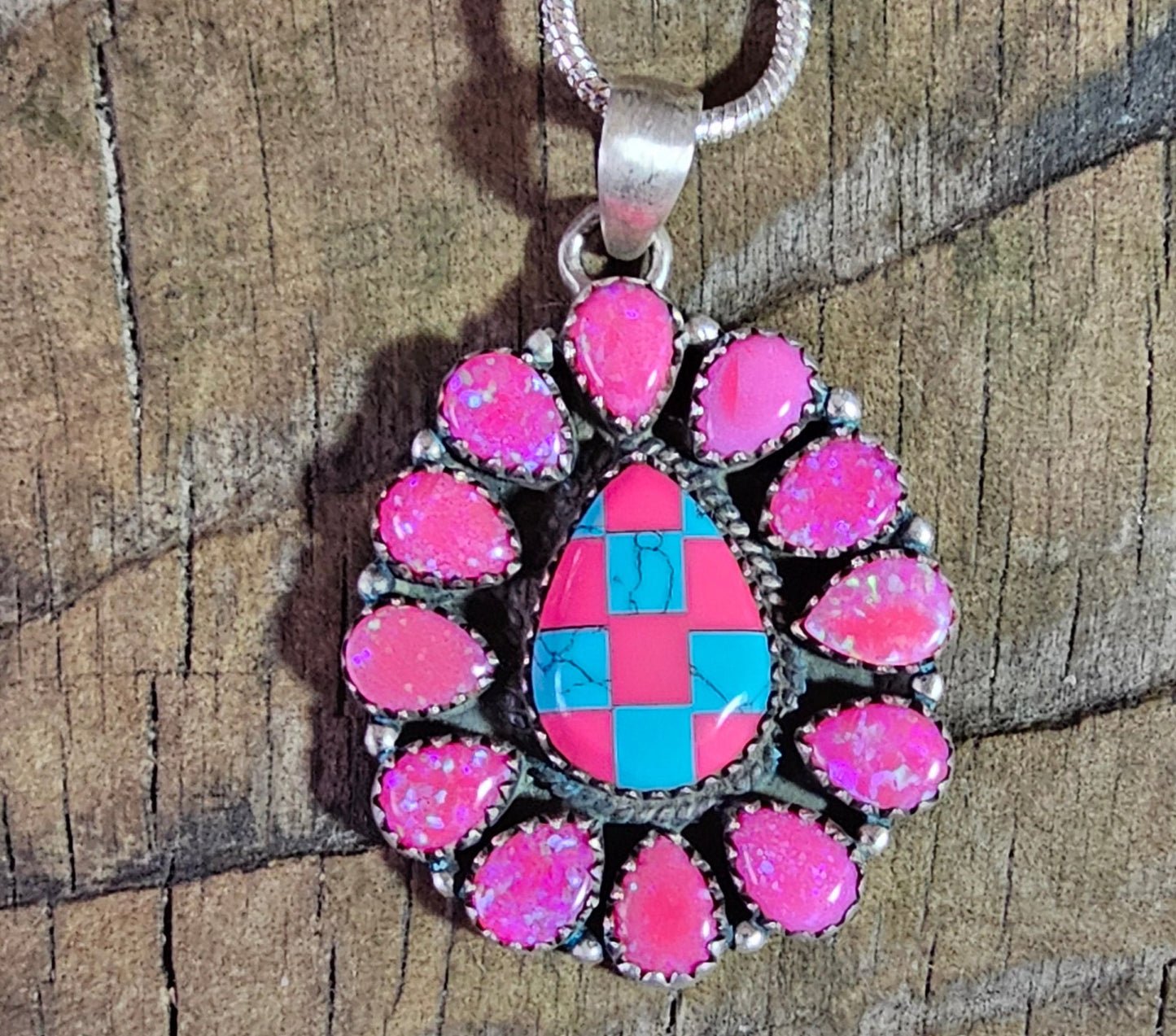 Pink Opal with Turquoise Pendant Sterling Silver Necklace