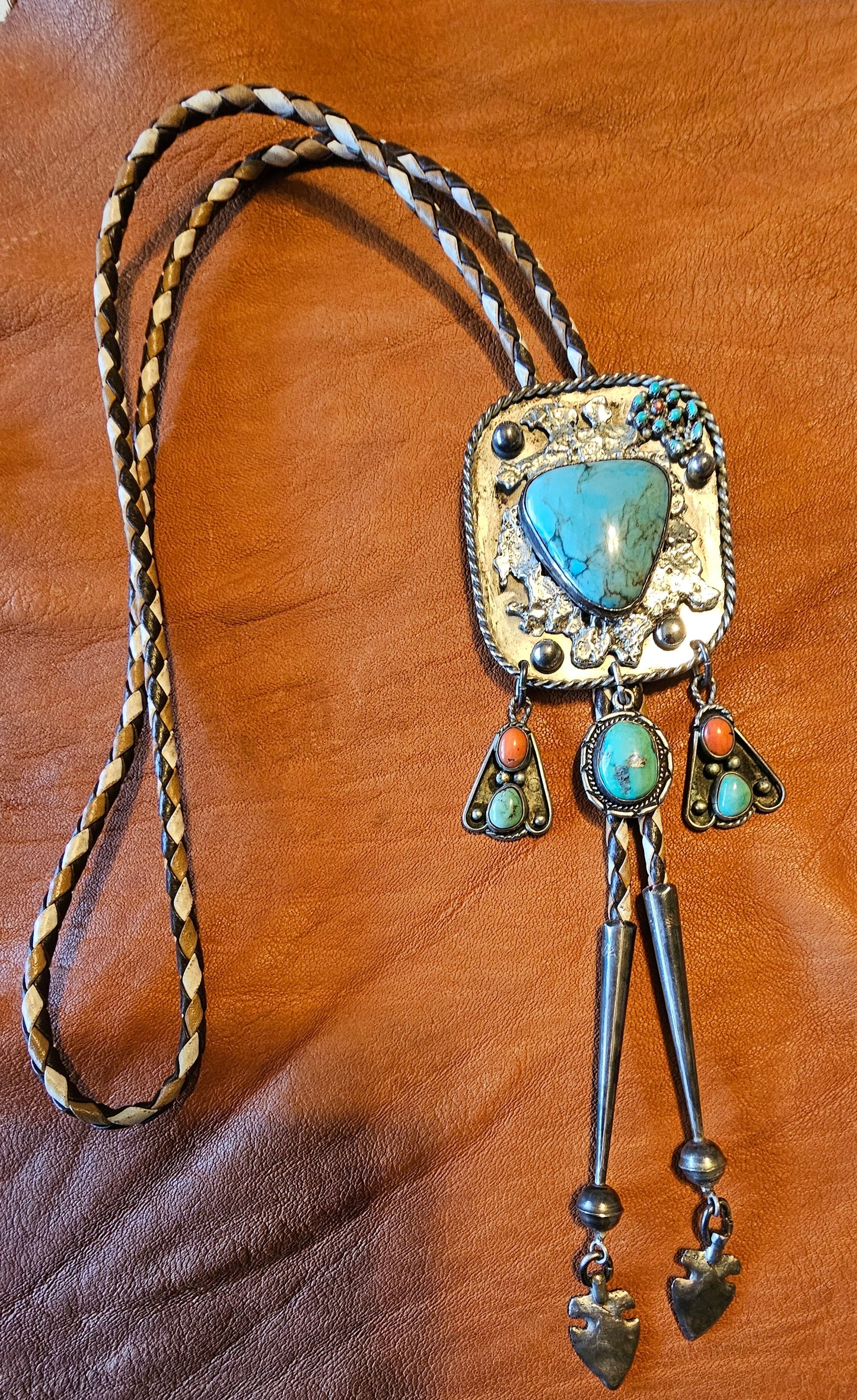 Smokey Kingman Bolo Tie Sterling Silver Red Coral Molten Lava-Silver Applique Stamped "G" RARE