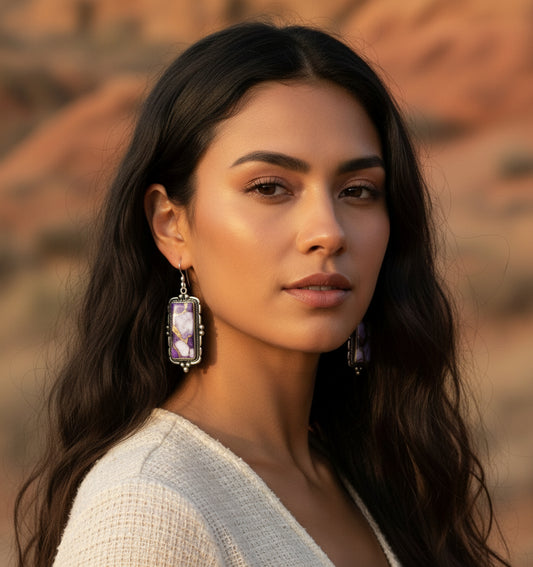 Purple Dahlia Rectangle Earrings Sterling Silver Dangles Mohave Turquoise Southwestern