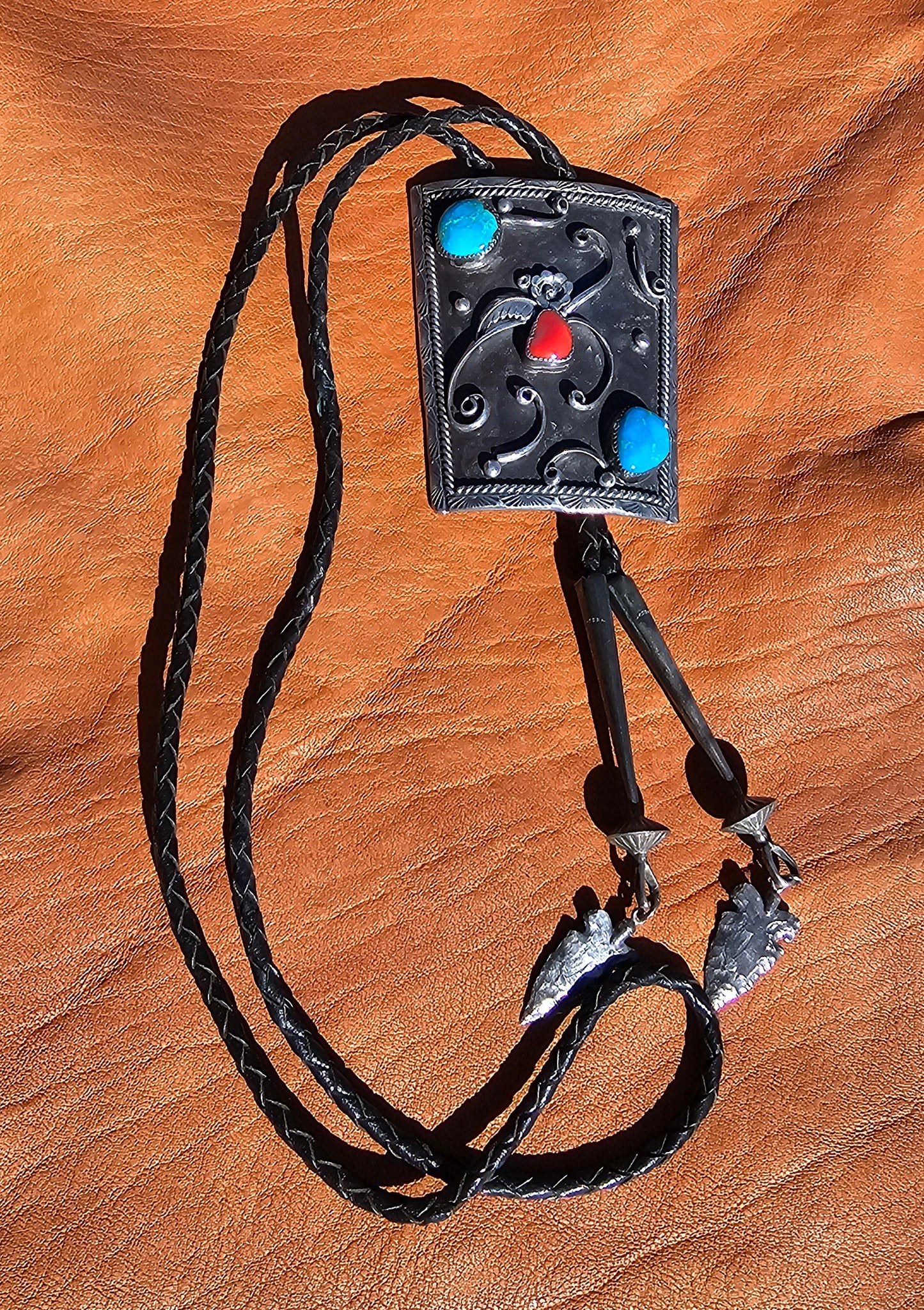 Vintage Bolo Tie Navajo Stamped Irene Platero Sterling Silver Turquoise Red Coral