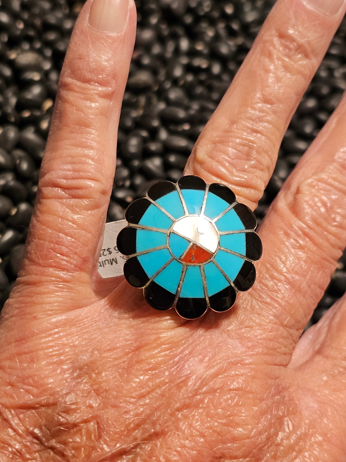 Denise Shiraz Zuni Sunface Ring Turquoise Coral Onyx Mother of Pearl Sterling Sz 6