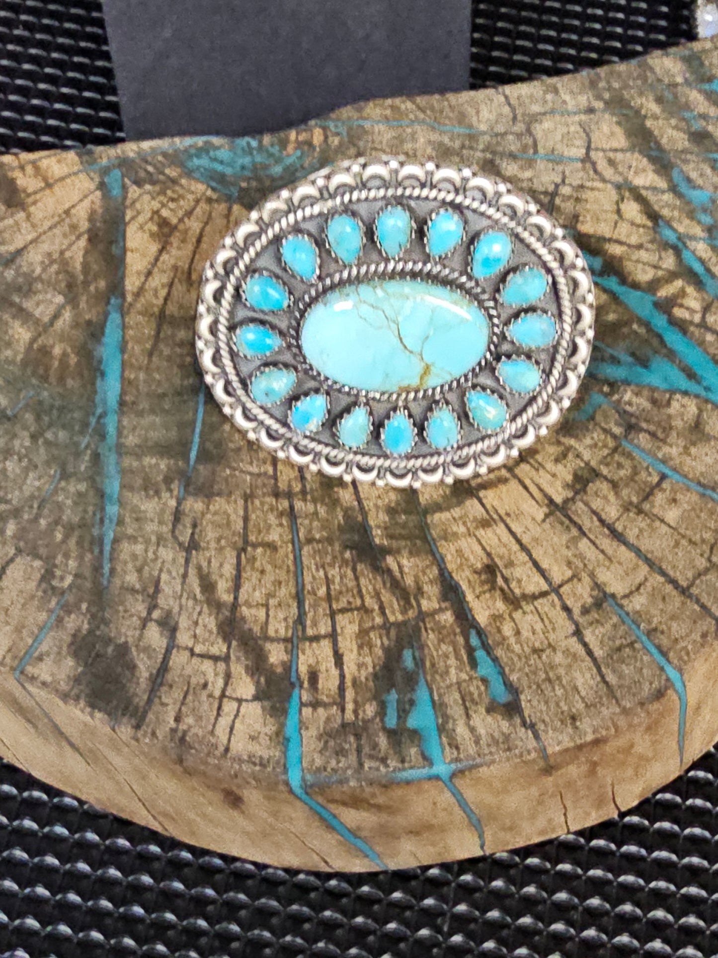 Kingman and Number 8 Turquoise Oval Large Sterling Silver Ring Southwestern Adjustable Tree Of Life