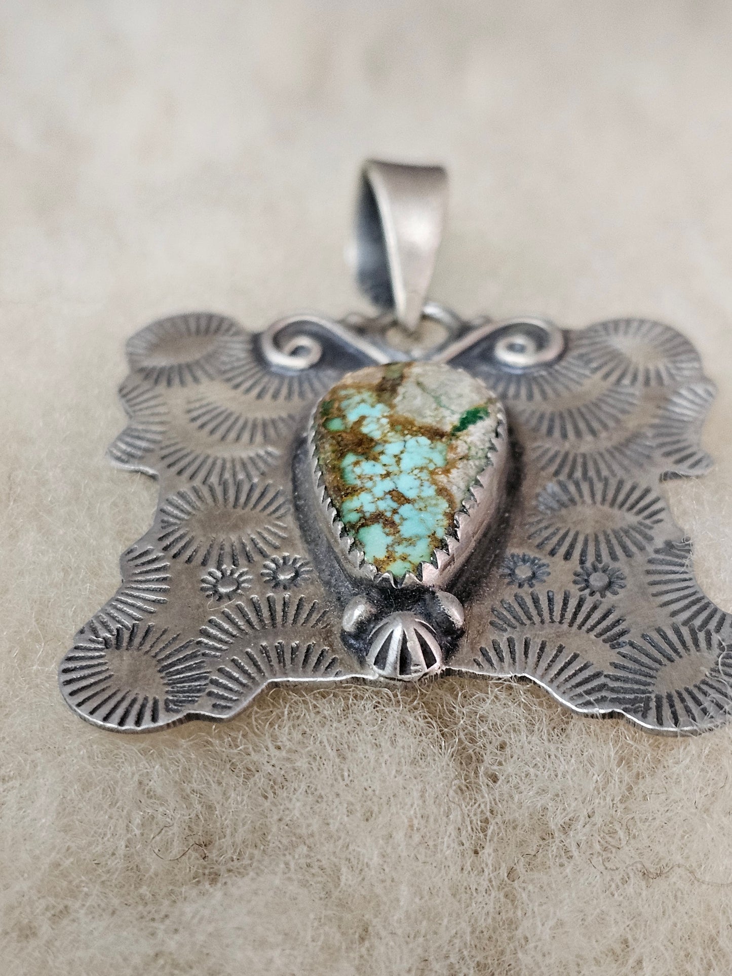 Natural Royston Turquoise Set In A Sterling Silver Butterfly Pendant Southwestern