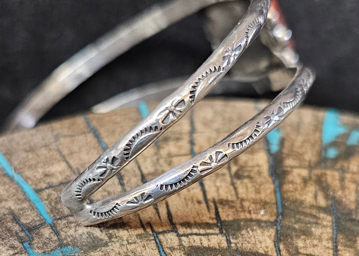 Vintage Navajo Branch Coral & Sterling Silver Cuff Stamped LL