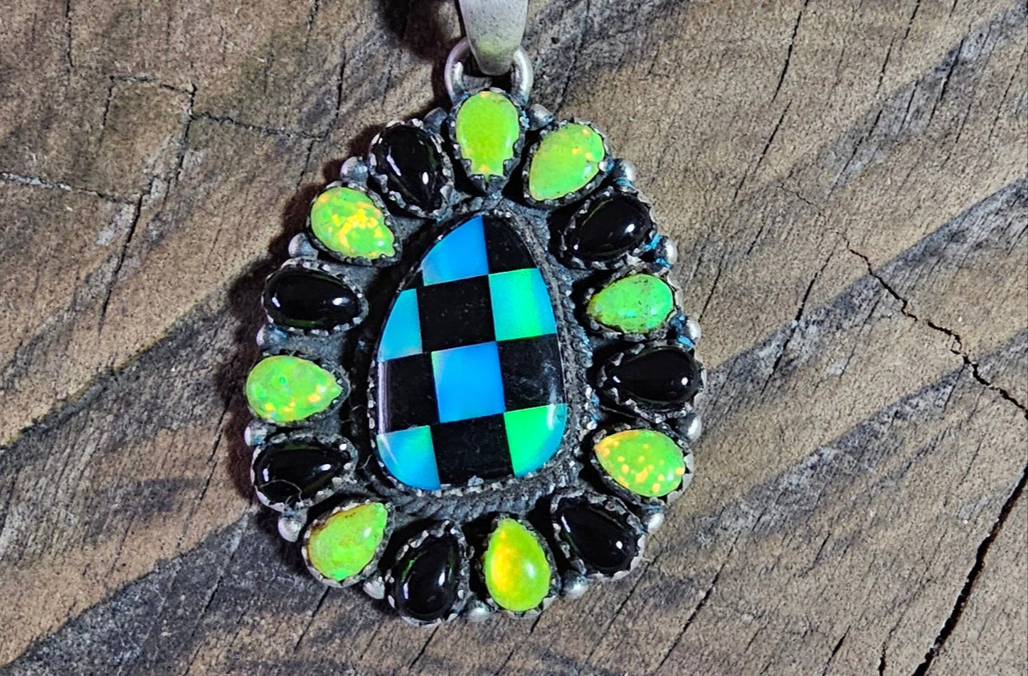 Lime Green Opal and Black Onyx Pendant in Brushed Sterling SIlver