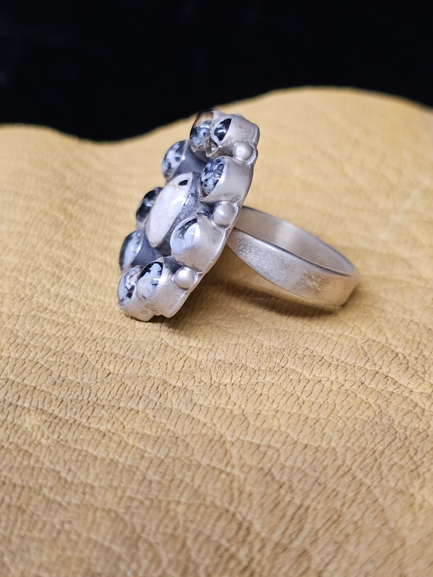 White Buffalo Ring 10 Stones Brushed Sterling Silver Adjustable Round Teardrop