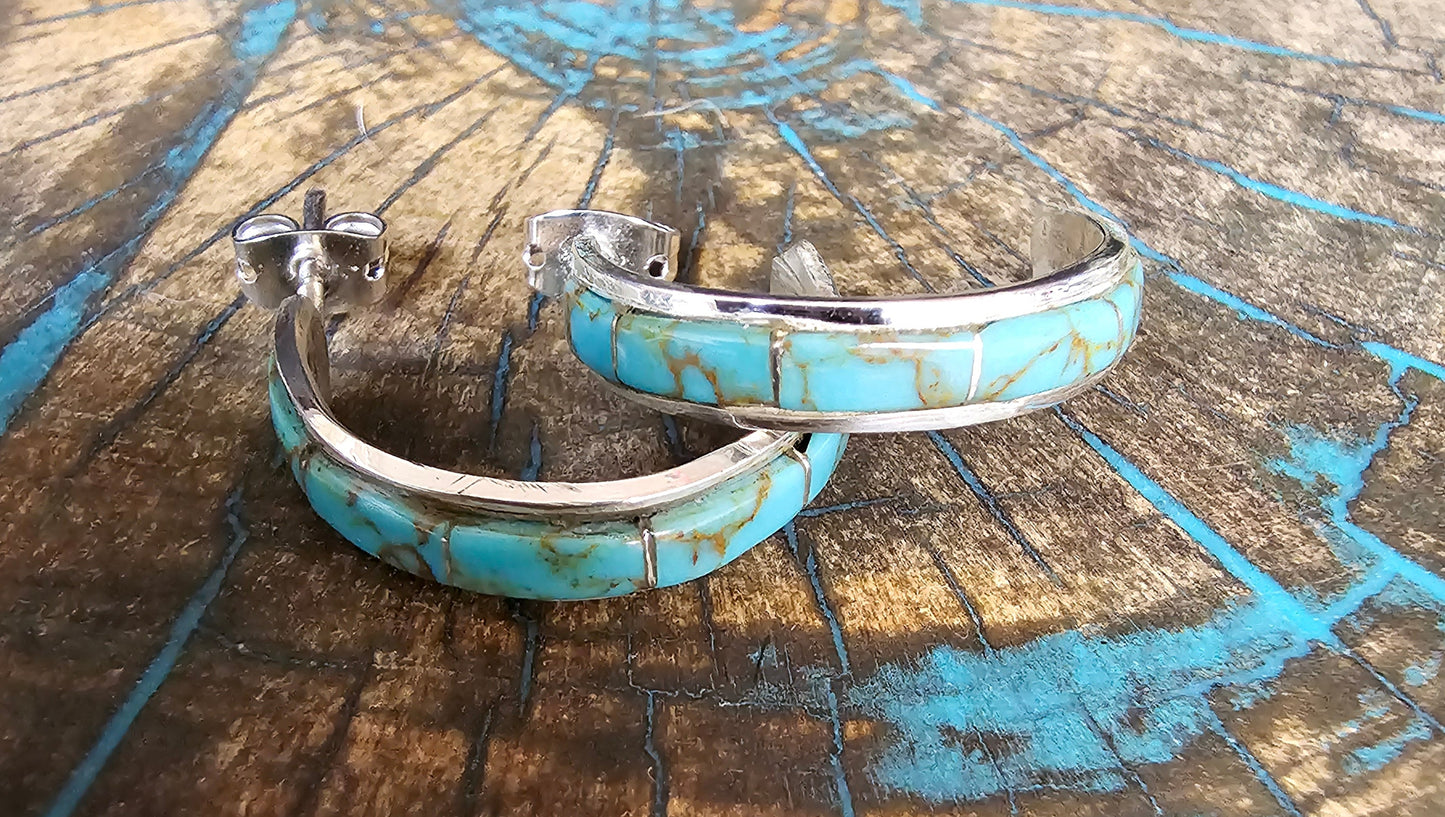 Navajo Artist Jamie Johnson Kingman Turquoise Earring Hoops Sterling SIlver