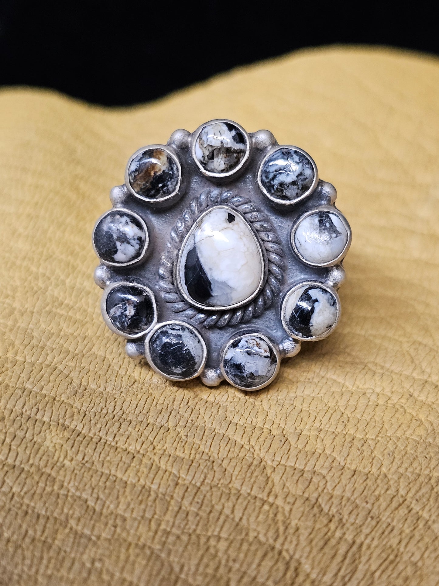 White Buffalo Ring 10 Stones Brushed Sterling Silver Adjustable Round Teardrop