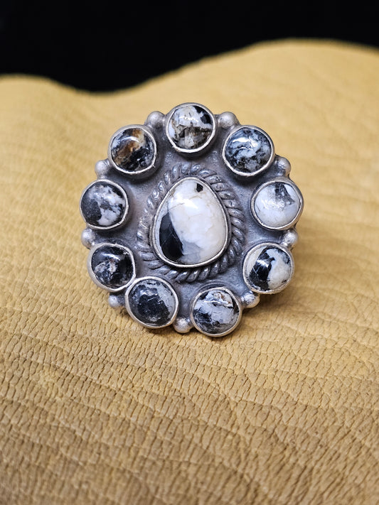 White Buffalo Ring 10 Stones Brushed Sterling Silver Adjustable Round Teardrop
