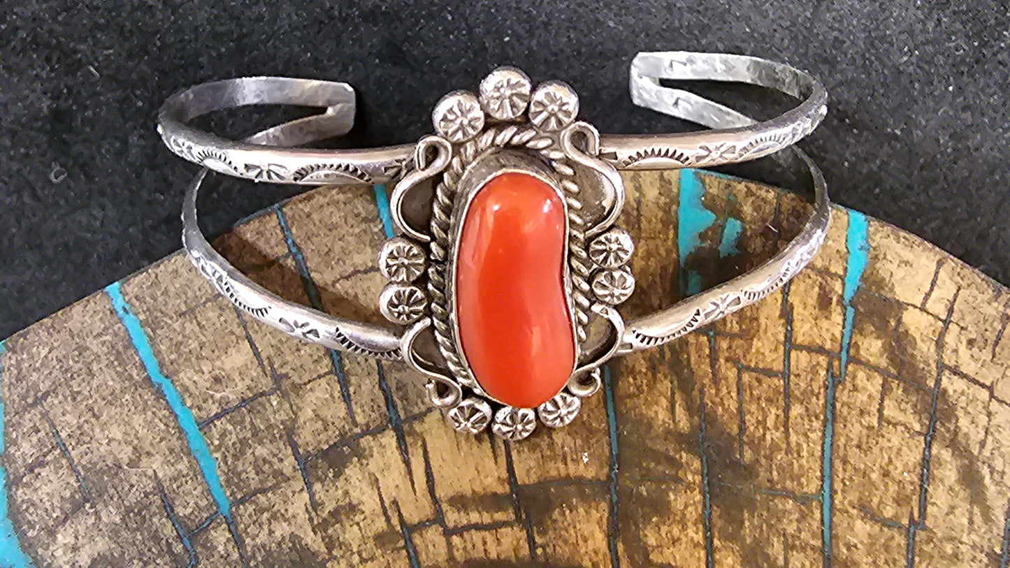 Vintage Navajo Branch Coral & Sterling Silver Cuff Stamped LL