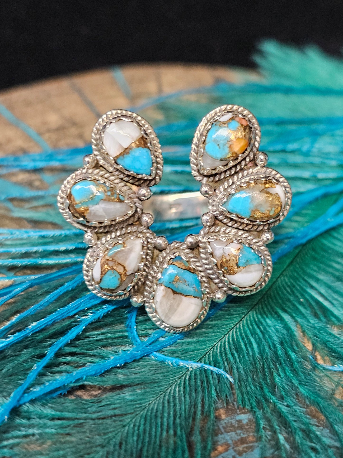 Turquoise White Buffalo Spiny Oyster Ring Size 11 Sterling Silver Southwestern Ring Horseshoe