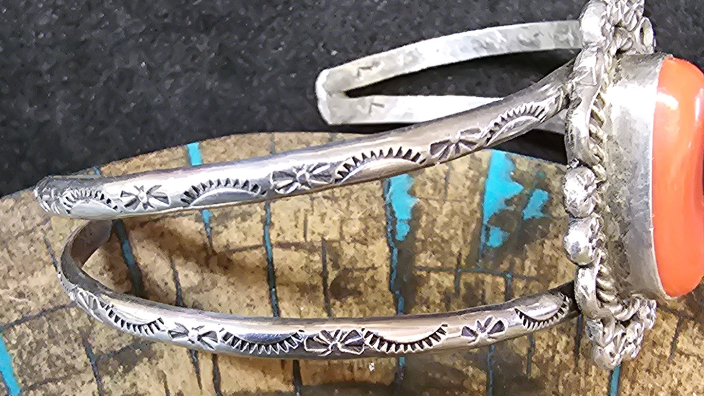 Vintage Navajo Branch Coral & Sterling Silver Cuff Stamped LL