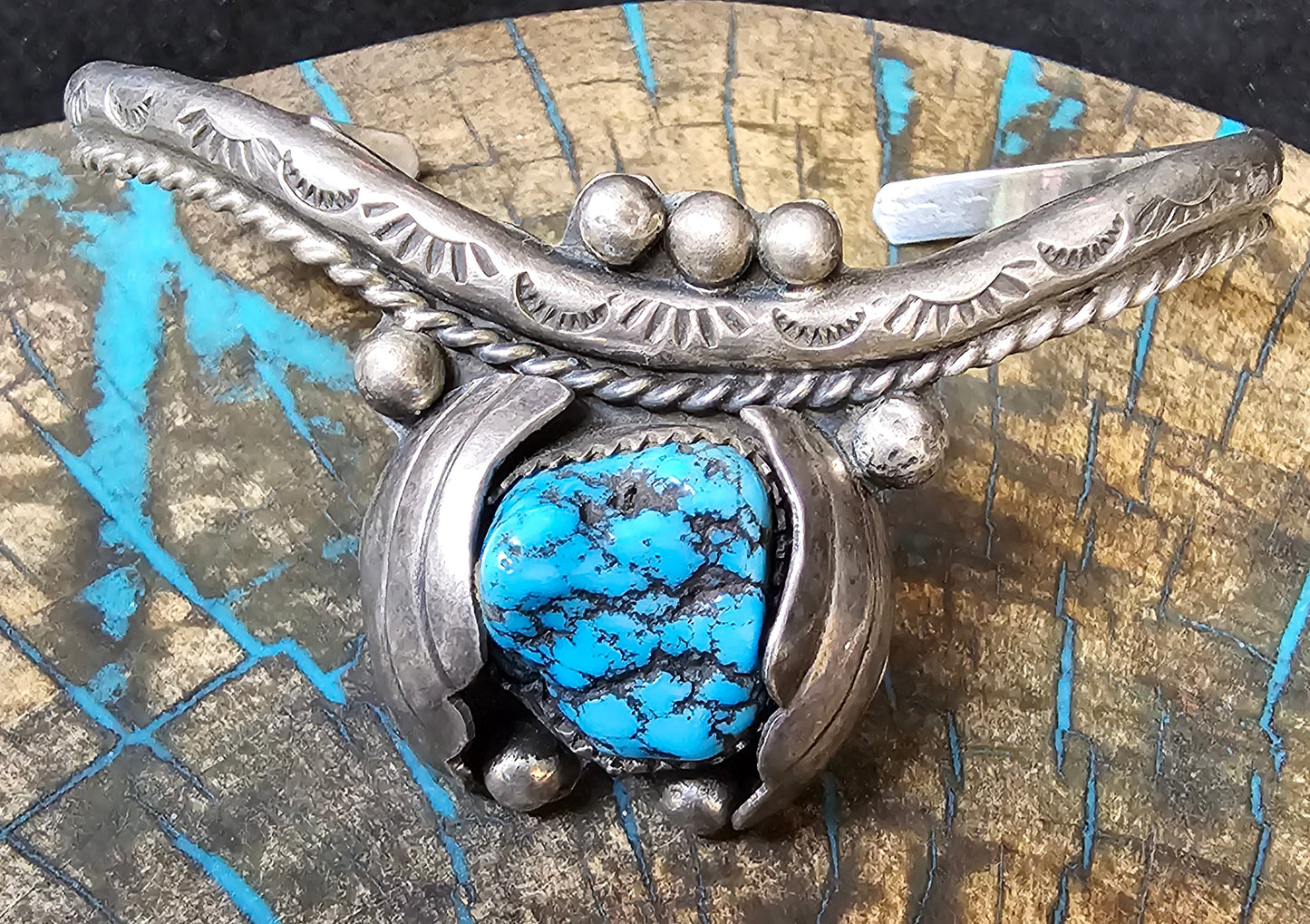 Vintage Navajo Cuff Sterling Silver & Turquoise Trading Post Mark
