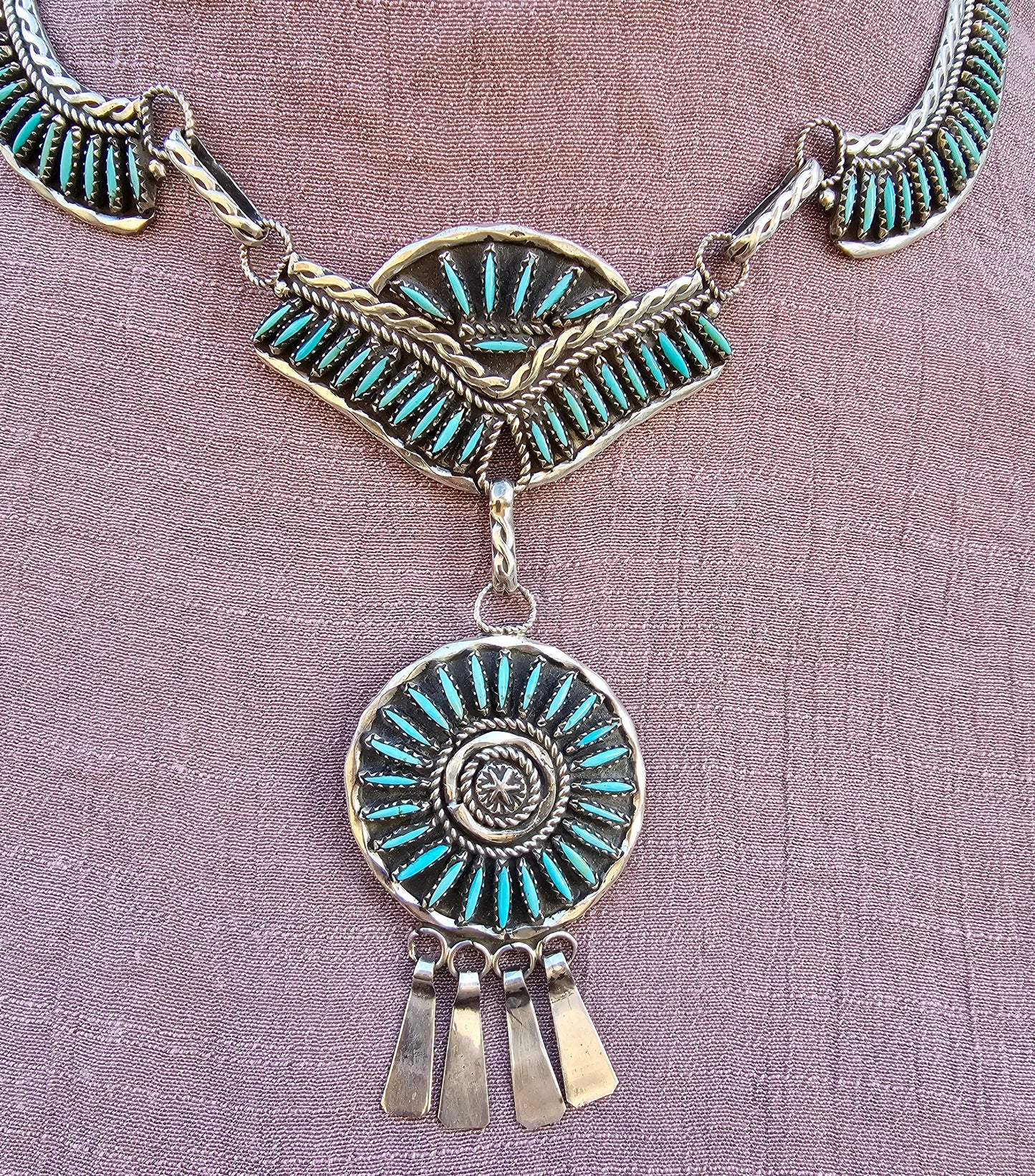 Vintage Zuni Necklace Sterling Silver Native American Petit Point W/Matching Earrings Rare