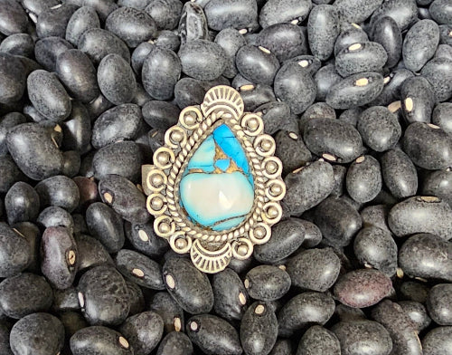 Ice Blue Dahlia Brushed Sterling Silver Ring Southwestern Adjustable