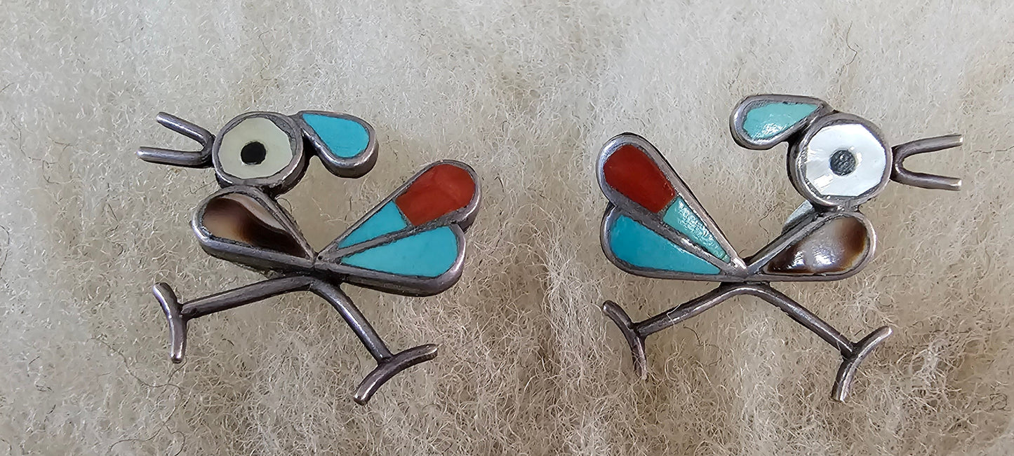 Zuni Native American Roadrunner Earrings with Tiger's Eye Sterling Silver Rare