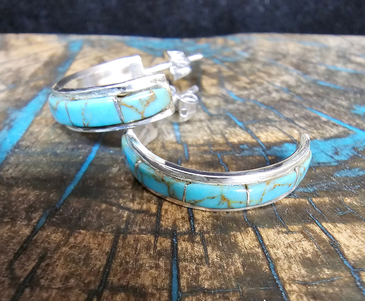 Navajo Artist Jamie Johnson Kingman Turquoise Earring Hoops Sterling SIlver