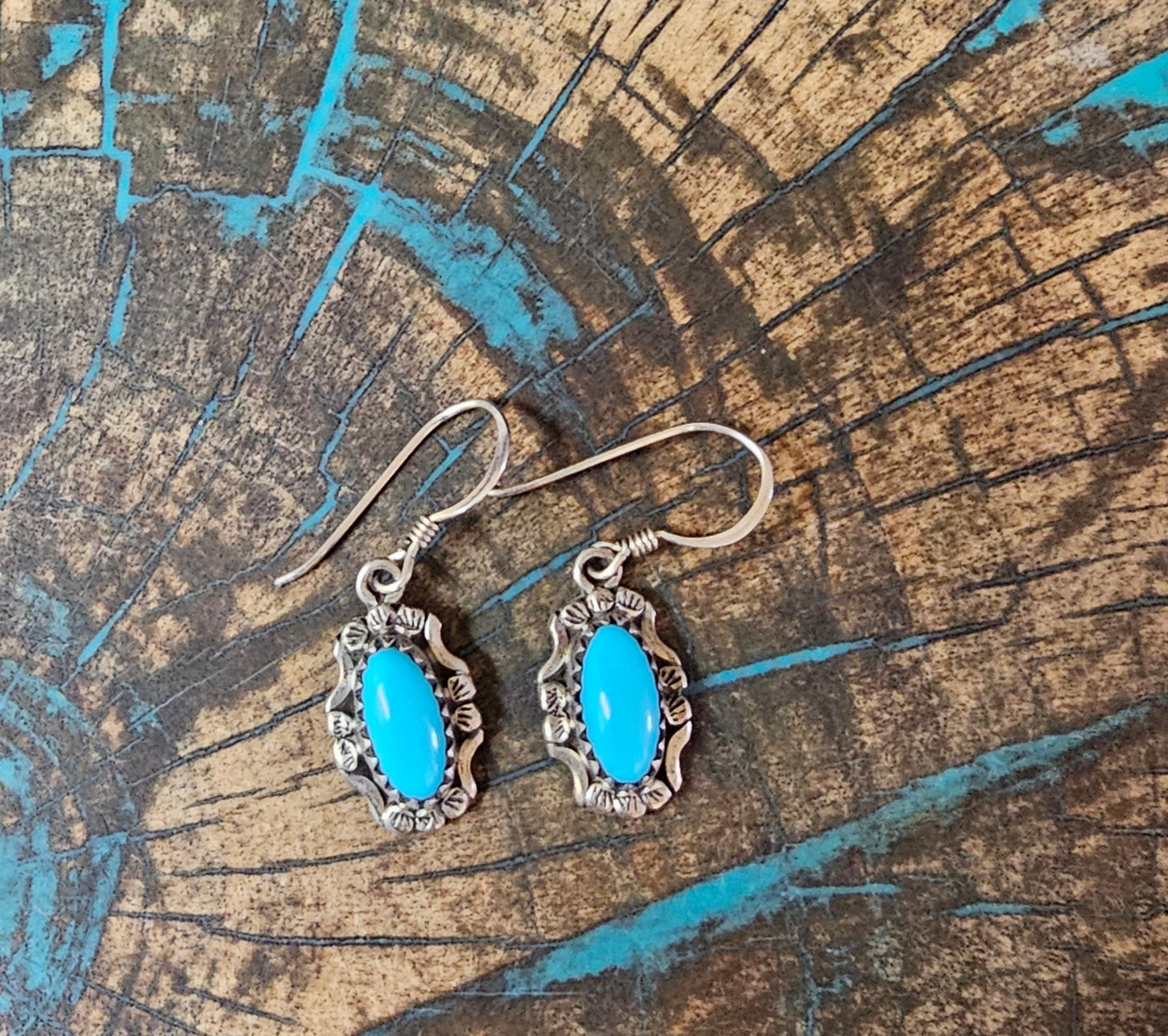 Navajo Sleeping Beauty Turquoise Dangle Earrings Sterling Silver Stamp H.S.