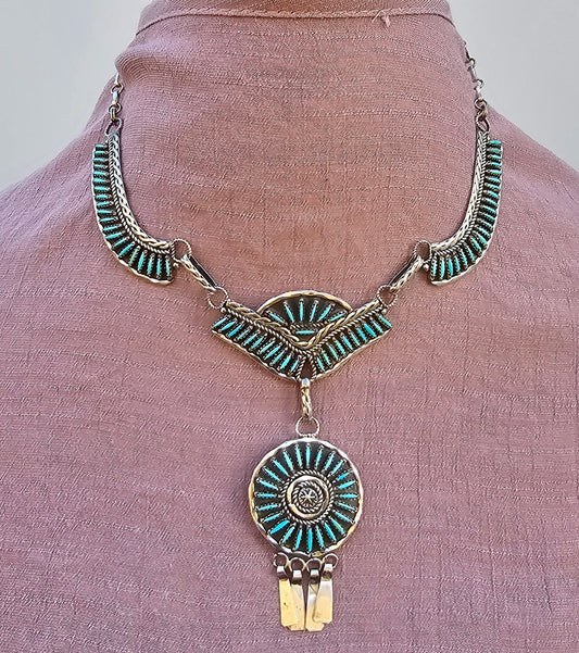 Vintage Zuni Necklace Sterling Silver Native American Petit Point W/Matching Earrings Rare