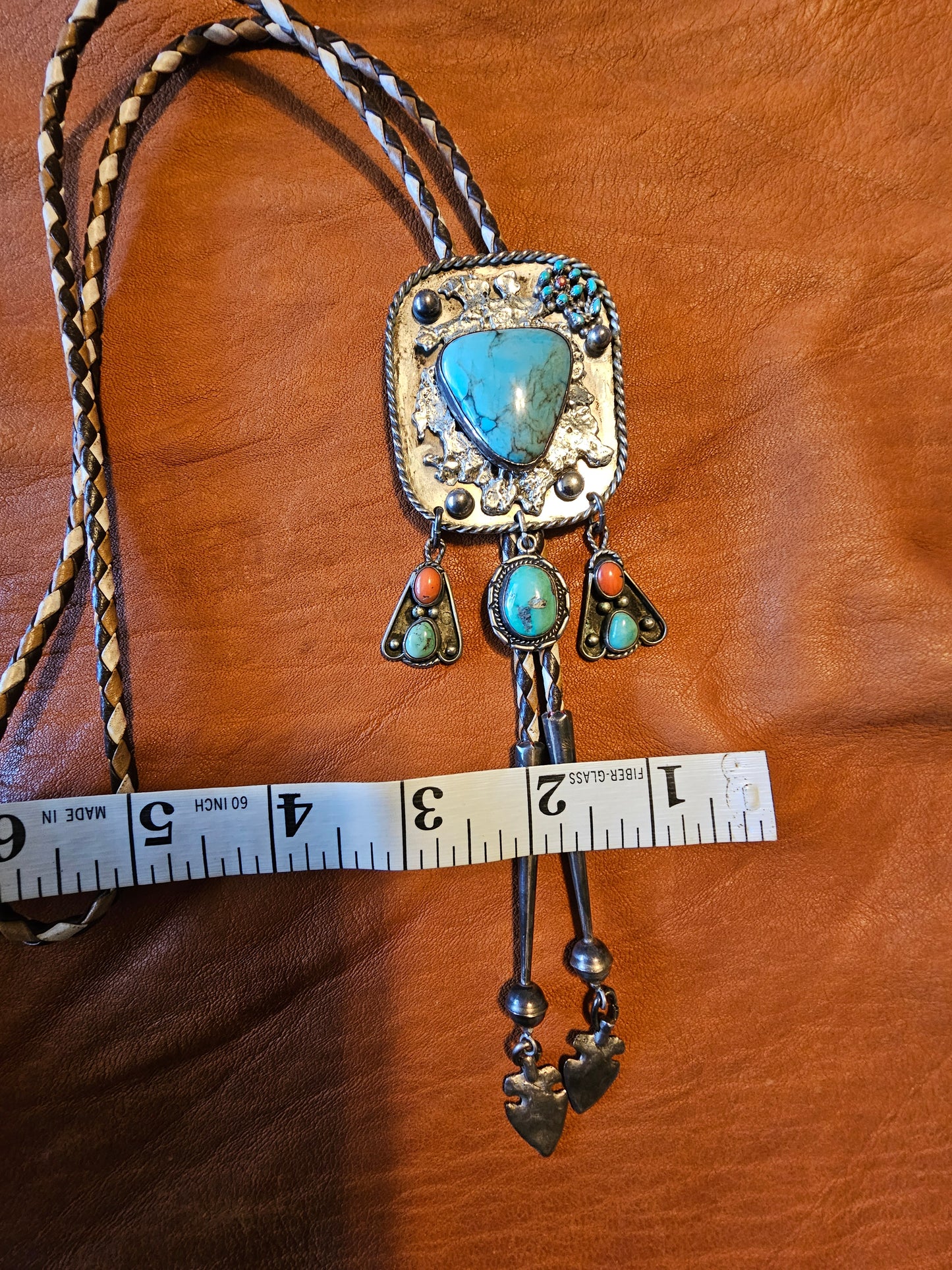 Smokey Kingman Bolo Tie Sterling Silver Red Coral Molten Lava-Silver Applique Stamped "G" RARE