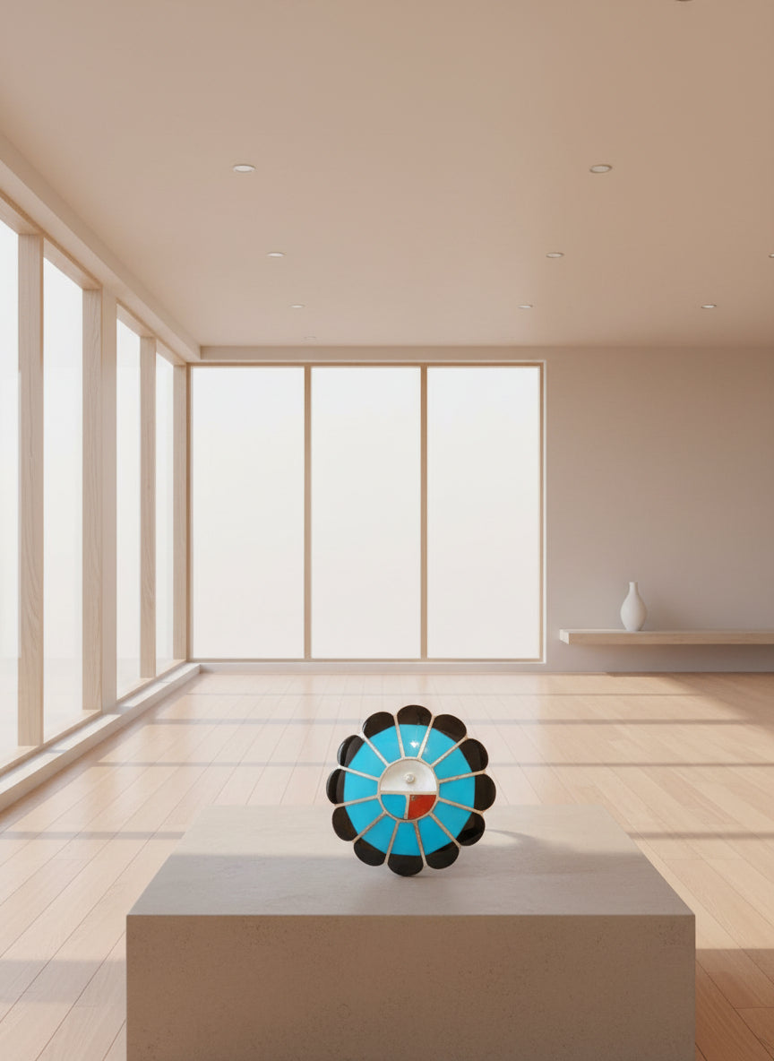 Denise Shiraz Zuni Sunface Ring Turquoise Coral Onyx Mother of Pearl Sterling Sz 6