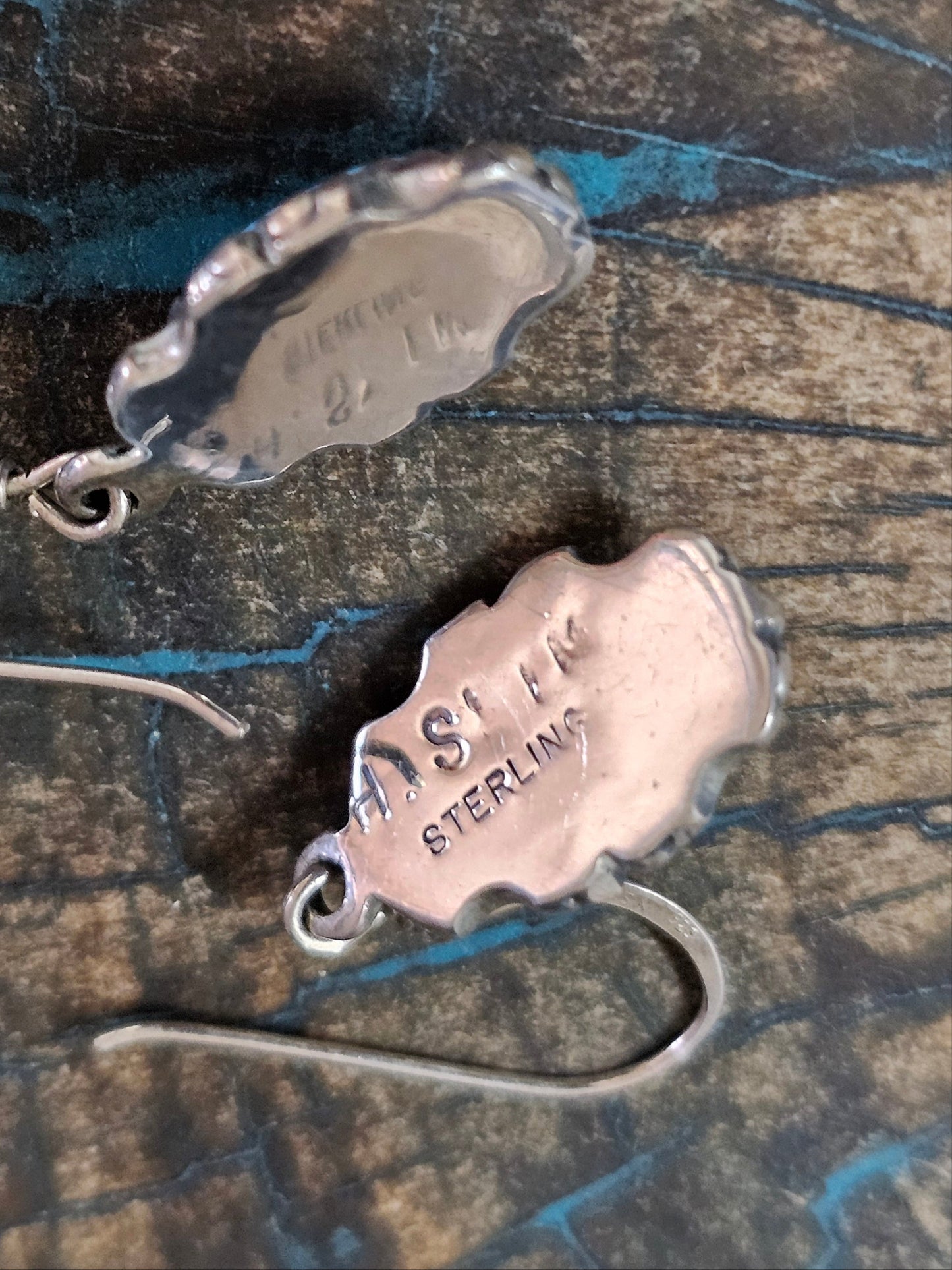 Navajo Sleeping Beauty Turquoise Dangle Earrings Sterling Silver Stamp H.S.