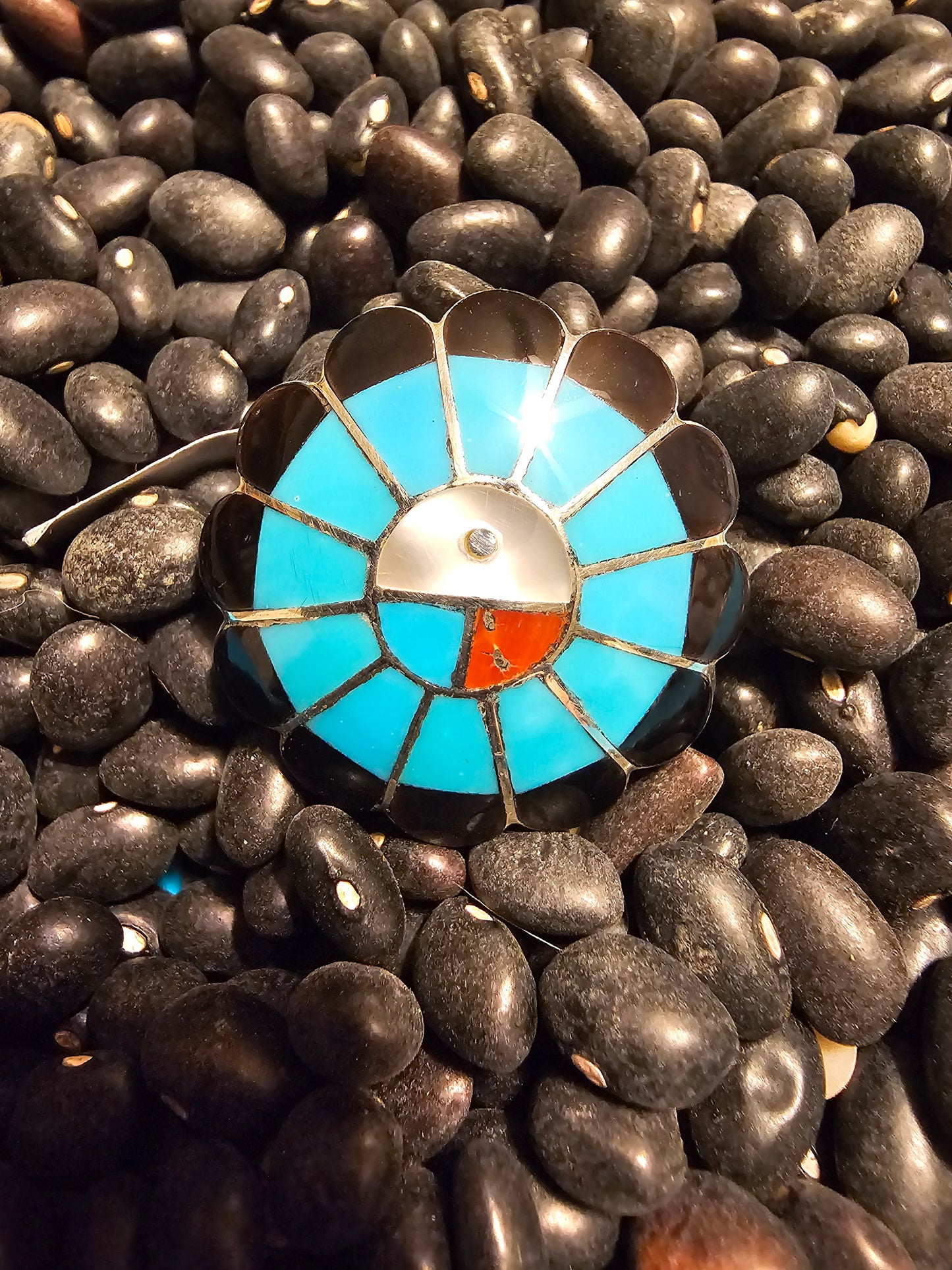 Denise Shiraz Zuni Sunface Ring Turquoise Coral Onyx Mother of Pearl Sterling Sz 6