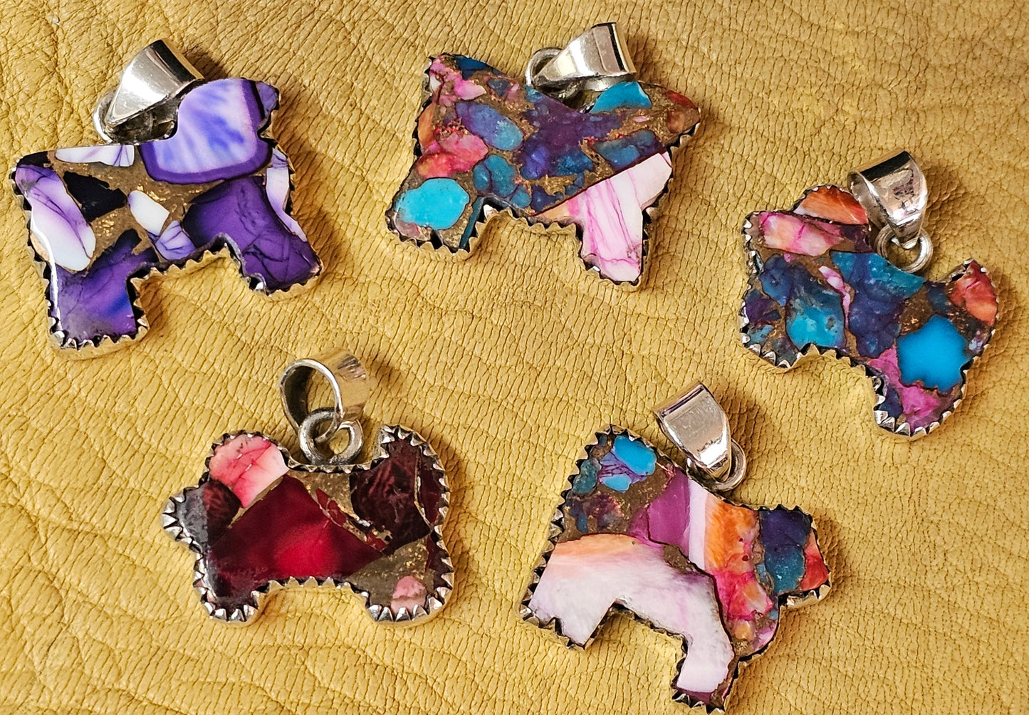 Dog Cow Red Dahlia, Purple Dahlia Spiny Oyster Pendants Lot of five Sterling Silver