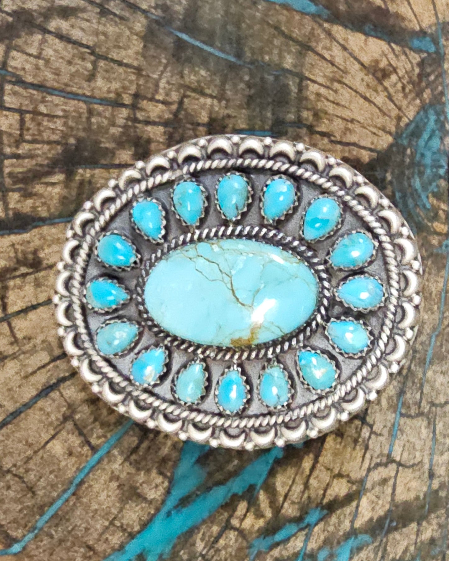 Kingman and Number 8 Turquoise Oval Large Sterling Silver Ring Southwestern Adjustable Tree Of Life