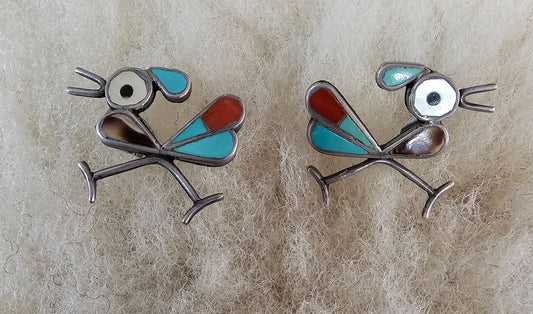 Zuni Native American Roadrunner Earrings with Tiger's Eye Sterling Silver Rare