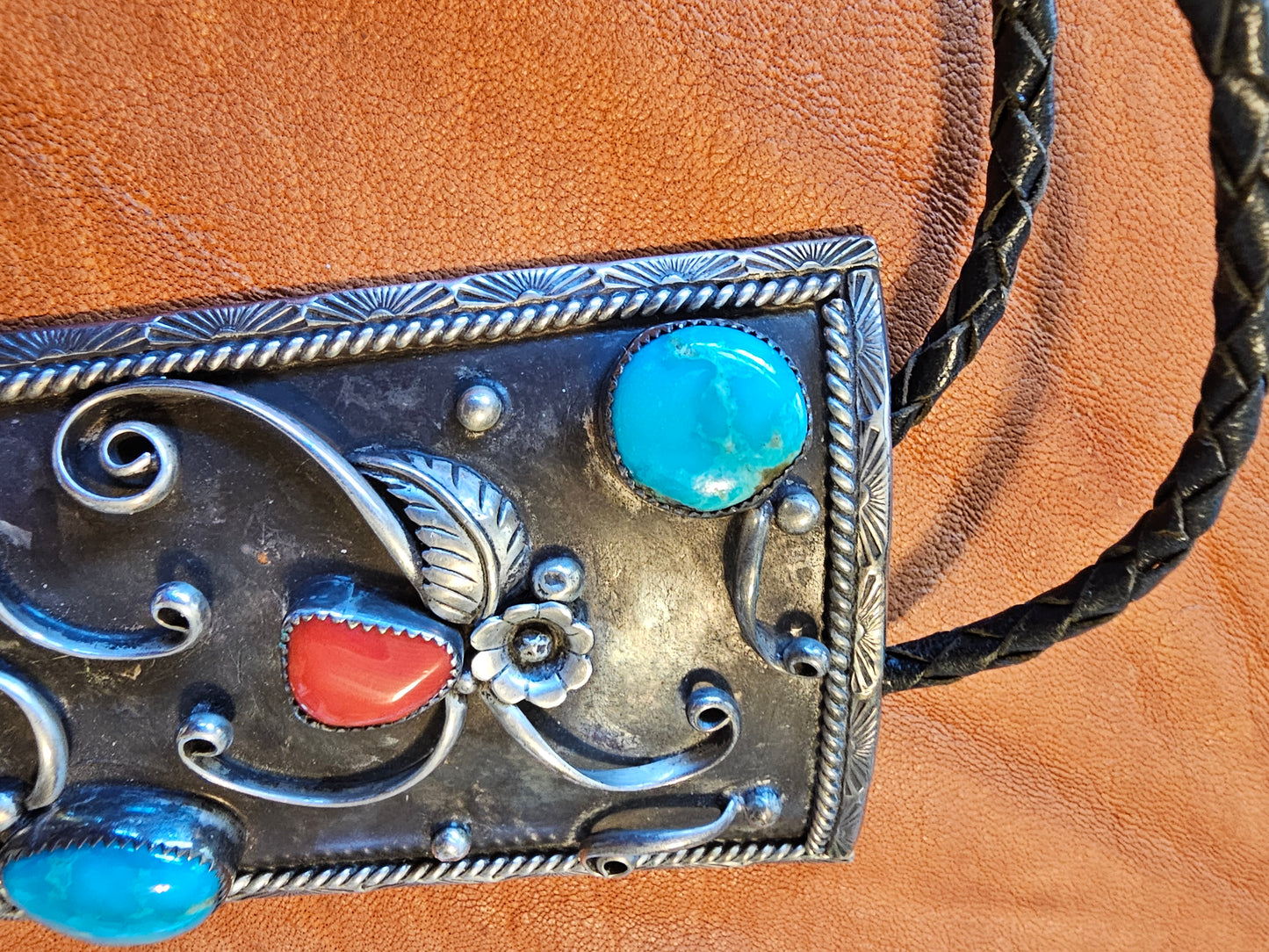 Vintage Bolo Tie Navajo Stamped Irene Platero Sterling Silver Turquoise Red Coral