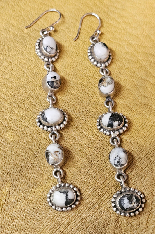 White Buffalo Dangle Earrings Sterling Silver Southwestern 3" long