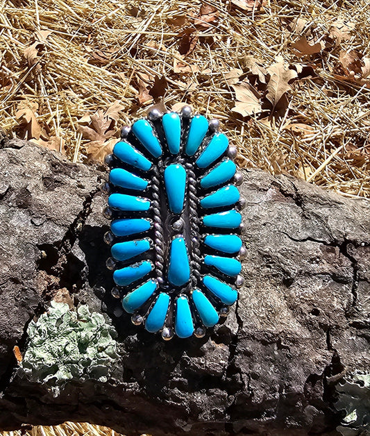 Zuni E. Wyaco Cluster Ring Sterling Silver Size 6 3/4 Vintage Stone Mountain Turquoise