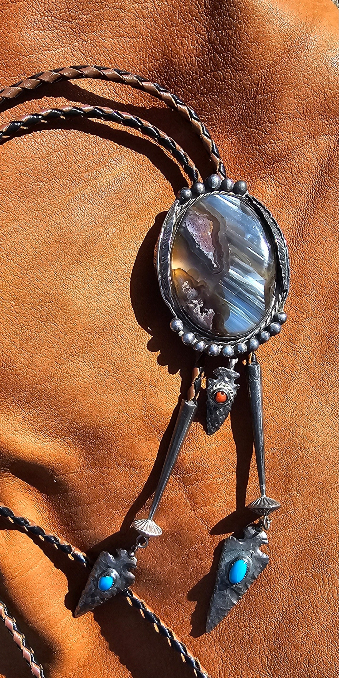 Vintage Agate Bolo Tie James Shay Navajo Sterling Silver Turquoise Red Coral